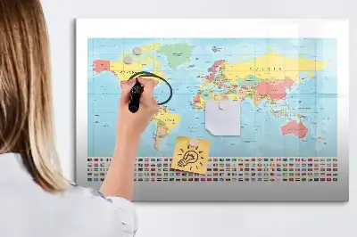 Tablă magnetică cu ștergere uscată cu harta geografică a lumii