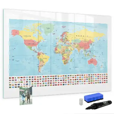Tablă magnetică cu ștergere uscată cu harta geografică a lumii