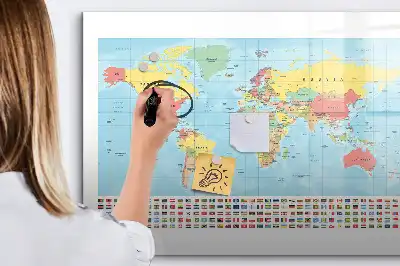 Tablă magnetică cu ștergere uscată cu harta geografică a lumii