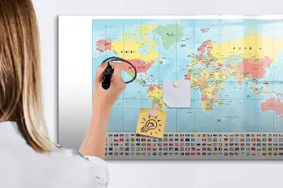 Tablă magnetică cu ștergere uscată cu harta geografică a lumii