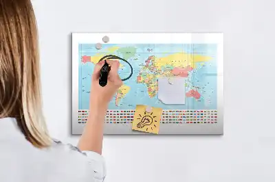 Tablă magnetică cu ștergere uscată cu harta geografică a lumii
