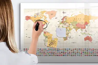 Tablă magnetică cu ștergere uscată cu design hartă a lumii