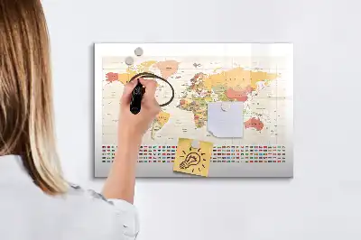 Tablă magnetică cu ștergere uscată cu design hartă a lumii