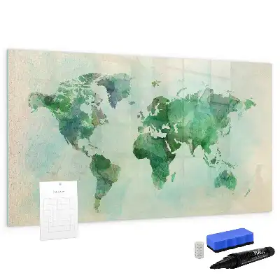 Tablă magnetică cu ștergere uscată cu model de hartă a lumii în acuarelă