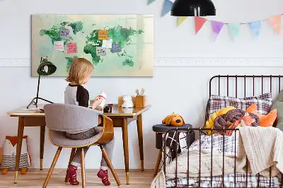 Tablă magnetică cu ștergere uscată cu model de hartă a lumii în acuarelă