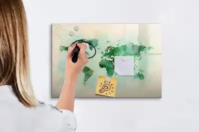 Tablă magnetică cu ștergere uscată cu model de hartă a lumii în acuarelă