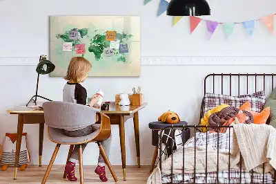Tablă magnetică cu ștergere uscată cu model de hartă a lumii în acuarelă
