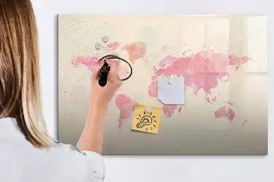 Tablă magnetică cu ștergere uscată cu hartă a lumii în acuarelă