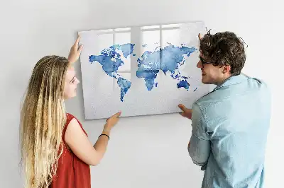 Tablă magnetică cu ștergere uscată cu model hartă a lumii în acuarelă
