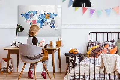 Tablă magnetică cu ștergere uscată cu model hartă a lumii în acuarelă