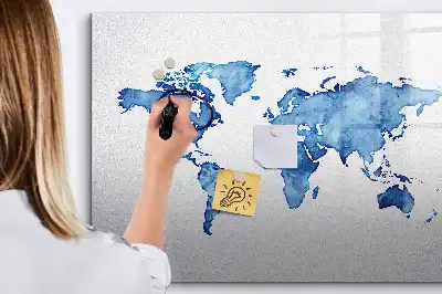 Tablă magnetică cu ștergere uscată cu model hartă a lumii în acuarelă