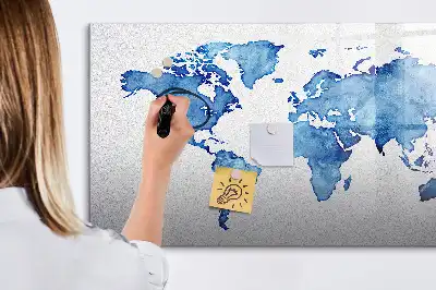 Tablă magnetică cu ștergere uscată cu model hartă a lumii în acuarelă