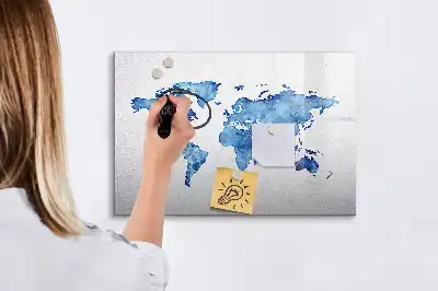 Tablă magnetică cu ștergere uscată cu model hartă a lumii în acuarelă