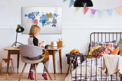 Tablă magnetică cu ștergere uscată cu model hartă a lumii în acuarelă