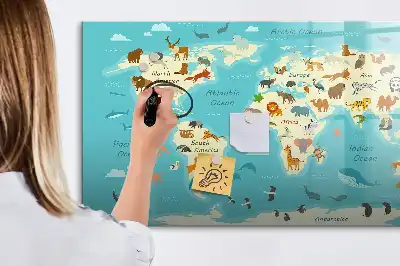 Tablă magnetică cu ștergere uscată cu hartă a lumii animale