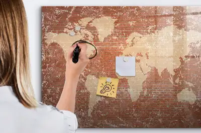 Tablă magnetică cu ștergere uscată cu hartă a lumii și design de cărămidă
