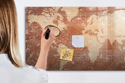 Tablă magnetică cu ștergere uscată cu hartă a lumii și design de cărămidă