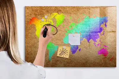 Tablă magnetică cu ștergere uscată model harta lumii curcubeu