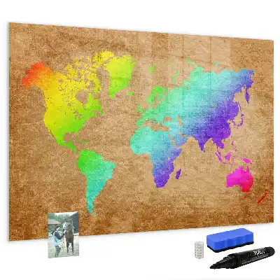 Tablă magnetică cu ștergere uscată model harta lumii curcubeu