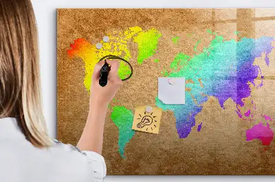 Tablă magnetică cu ștergere uscată model harta lumii curcubeu