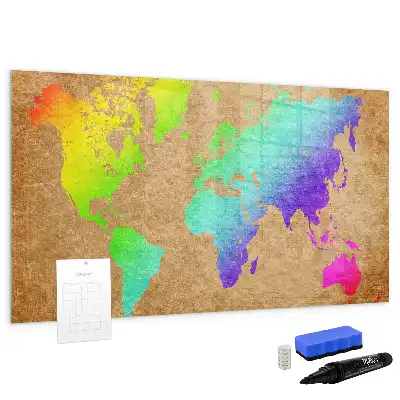 Tablă magnetică cu ștergere uscată model harta lumii curcubeu