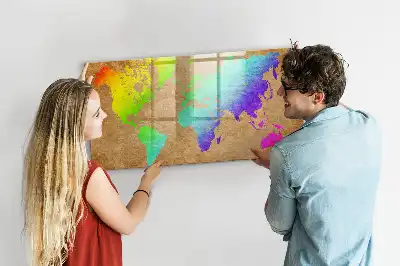 Tablă magnetică cu ștergere uscată model harta lumii curcubeu