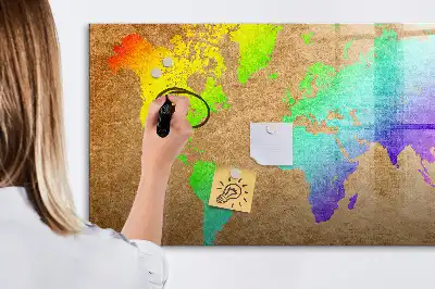 Tablă magnetică cu ștergere uscată model harta lumii curcubeu
