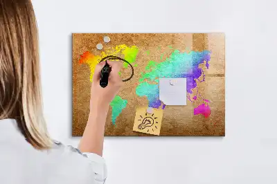 Tablă magnetică cu ștergere uscată model harta lumii curcubeu