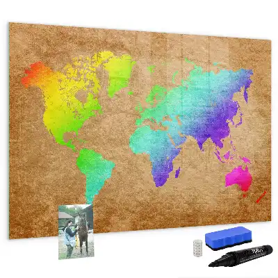 Tablă magnetică cu ștergere uscată model harta lumii curcubeu