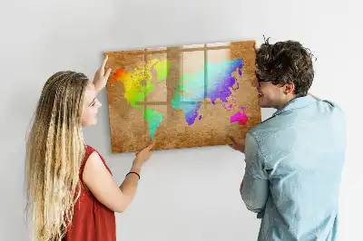Tablă magnetică cu ștergere uscată model harta lumii curcubeu