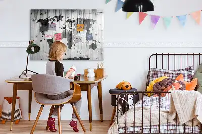 Tablă magnetică cu ștergere uscată harta lumii imprimată pe lemn