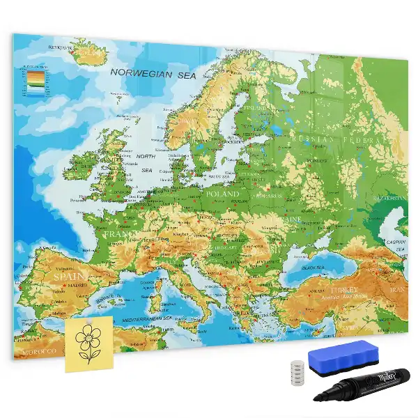 Tablă magnetică cu ștegere uscată cu harta geografică a lumii