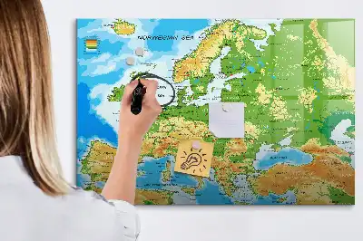 Tablă magnetică cu ștegere uscată cu harta geografică a lumii