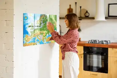 Tablă magnetică cu ștegere uscată cu harta geografică a lumii