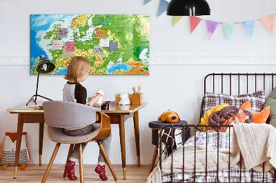Tablă magnetică cu ștegere uscată cu harta geografică a lumii
