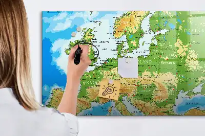 Tablă magnetică cu ștegere uscată cu harta geografică a lumii