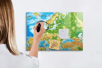 Tablă magnetică cu ștegere uscată cu harta geografică a lumii