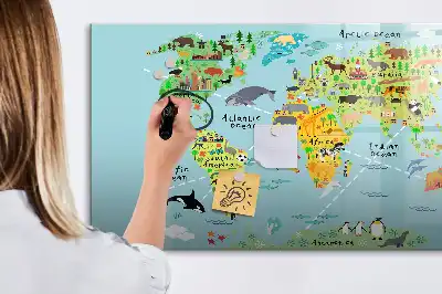 Tablă magnetică cu ștergere uscată cu hartă a lumii cu animale