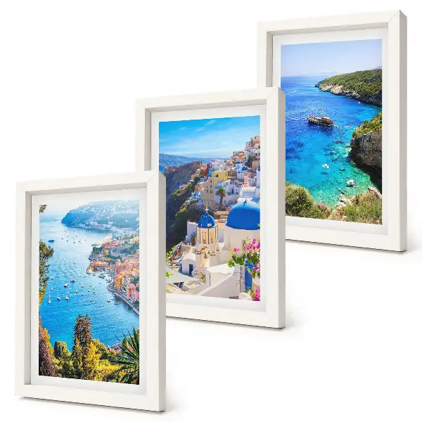 Set 3 tablouri cu vederi ale litoralului grecesc și ale orașului Oia din Santorini