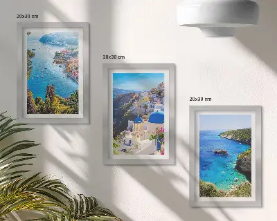 Set 3 tablouri cu vederi ale litoralului grecesc și ale orașului Oia din Santorini