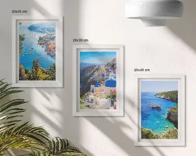 Set 3 tablouri cu vederi ale litoralului grecesc și ale orașului Oia din Santorini