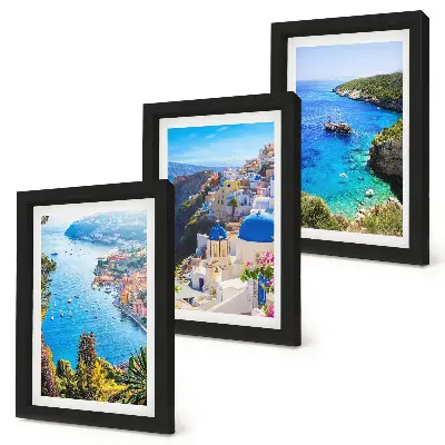 Set 3 tablouri cu vederi ale litoralului grecesc și ale orașului Oia din Santorini