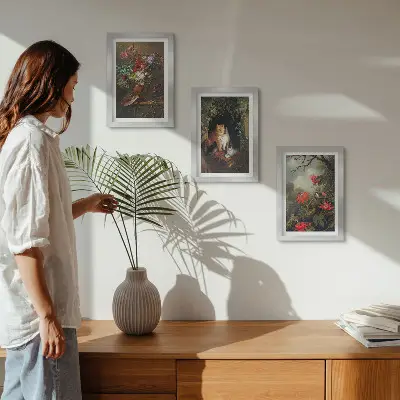 Galerie de perete cu flori vintage, pisici și plante în natură