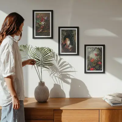 Galerie de perete cu flori vintage, pisici și plante în natură