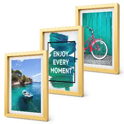 Galerie de perete vedere la mare cu inscripție inspirațională, barcă și bicicletă