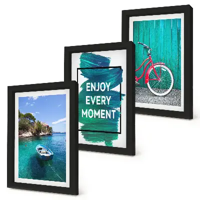Galerie de perete vedere la mare cu inscripție inspirațională, barcă și bicicletă