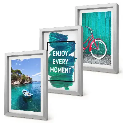 Galerie de perete vedere la mare cu inscripție inspirațională, barcă și bicicletă