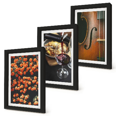 Set 3 tablouri Flori romantice vintage, vin și vioară