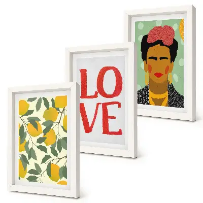 Galerie de perete cu portretul pictat al Fridei Kahlo și inscripția LOVE cu lămâi