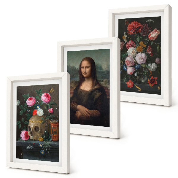 Set 3 tablouri Craniu cu flori vintage și portretul Mona Lisa de Leonardo da Vinci